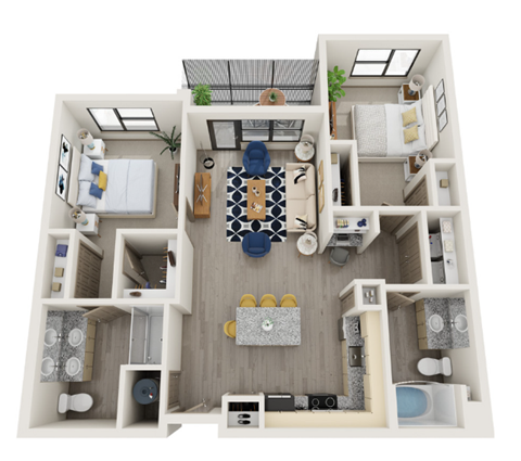 A top-down view of a small apartment with a kitchen, living room, and bathroom.